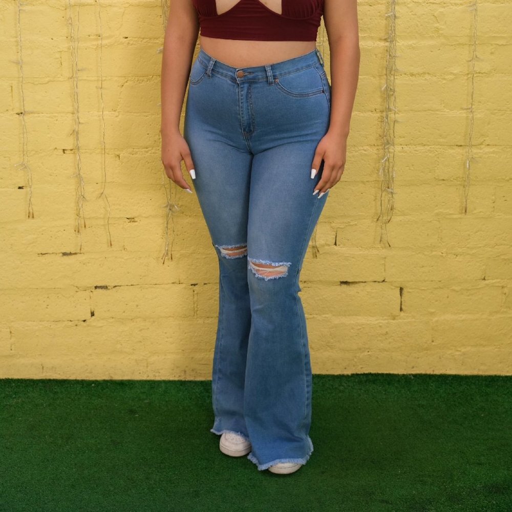 High waisted Distressed Flare Jeans